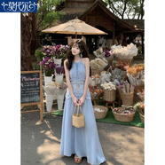 莫代爾海邊度假風(fēng)刺繡掛脖連衣裙女夏季新款法式氣質(zhì)收腰絕美吊帶長裙子 藍(lán)色 S