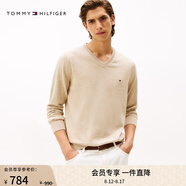 TOMMY HILFIGER【柔軟純棉】25秋冬男撞色條紋學院風針織衫/情侶款純色毛衣 【純色V領】卡其色HEA XS （推薦：120斤以下）