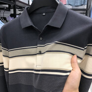 GOLDLION G+金利來(lái)長(cháng)袖t恤男條紋翻領(lǐng)男士polo衫春秋裝上衣中年寬松休閑體恤 灰色 22911長(cháng)袖款 4XL (58)