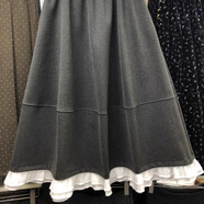 新款日韓甜美秋冬木耳邊拼接松緊高腰法式半身裙寬松休閑A字裙女 灰色荷花邊裙 S  高品質(zhì)