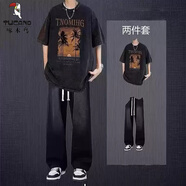 啄木鳥(niǎo)（TUCANO）美式水洗短袖t恤男士夏季套裝痞帥上衣搭配牛仔褲男裝潮流兩件套 黑灰色短袖+牛仔褲黑色 2件套 XL