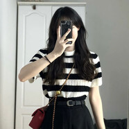 何佳功女裝條紋針織衫正肩短袖t恤女2025夏季顯瘦設(shè)計感小眾寬松上衣 黑白條紋 均碼 【建議80-120斤】