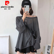 皮爾卡丹條紋針織衫冰絲防曬衣夏季薄款韓版寬松長(cháng)袖套頭罩衫冰絲上衣女 黑條 均碼 85-145斤