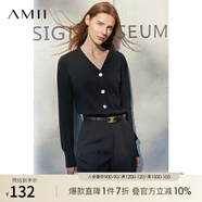 AMII極簡洋氣V領(lǐng)針織開衫春秋新款全棉長袖上衣女短裝毛衣針織外套 黑色 150/76A/XS