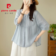 皮爾卡丹（PIERRE CARDIN）純色棉麻娃娃衫上衣女文藝氣質(zhì)顯瘦亞麻短袖襯衫 藍(lán)色 【高質(zhì)量版】 L 【建議110-130斤】