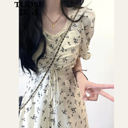 拓澀（TUOSE）法式泡泡袖白色碎花連衣裙女夏新款V領(lǐng)系帶收腰顯瘦a字長(zhǎng)裙茶歇裙 白色碎花 S 103斤以下