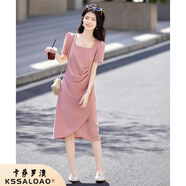 卡薩羅澳（KSSALOAO）高端品牌法式方領(lǐng)連衣裙女2025年夏季新款時(shí)尚褶皺收腰開(kāi)叉連衣裙 煙粉色 M