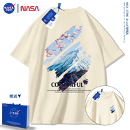 NASA STONE聯(lián)名短袖t恤男夏季新款潮流寬松純棉學生百搭上衣半袖情侶裝夏裝 杏色-款二 L 推薦體重120-130斤
