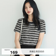 伊芙麗（eifini）【經(jīng)典延續(xù)】伊芙麗通勤簡約百搭肌理感條紋小香風針織短袖T恤女 黑色 M