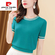皮爾卡丹（pierre cardin）【撿漏】品牌真絲t恤22年夏季新款T恤短袖女百搭圓領(lǐng)亮絲針織衫洋 孔雀藍(lán) 2XL 135-150斤