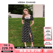 VEGA CHANG碎花連衣裙女2025年夏季方領(lǐng)法式小眾泡泡袖下擺開叉茶歇印花裙子 花色（長款） L