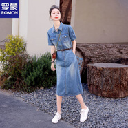 羅蒙（ROMON）氣質(zhì)時(shí)尚短袖牛仔連衣裙女夏季薄款2025新款高級感小個(gè)子顯瘦裙子 牛仔藍(lán)【關(guān)注店鋪送腰帶】 L 【115-130】斤