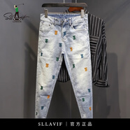 薩拉維夫（Sllavif）品牌運動牛仔運動褲男春秋款2025新款中青年刺繡簡約潮流褲子 淺藍色/8071 31