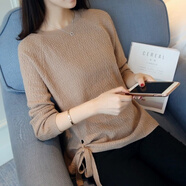 BJORN MOAN2025新款春秋圓領(lǐng)針織衫女寬松薄毛衣九分袖下擺系帶純色打底衫 卡其 M