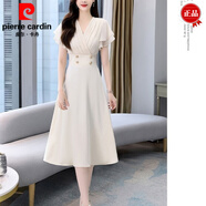 皮爾卡丹（pierre cardin）高端雪紡V領(lǐng)拼接醋酸緞連衣裙女2025夏季新款氣質(zhì)收腰顯瘦中長(cháng)裙 象牙白 M 建議85-95斤