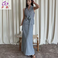 夕系氣質(zhì)條紋無(wú)袖馬甲半身裙套裝女2025夏季新款收腰系帶兩件套女 蘭色套裝(4955) S