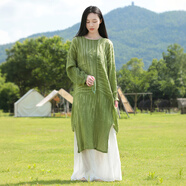 亂在江南苧麻肌理寬松大碼連衣裙長(cháng)袖早秋新品輕薄透氣文藝休閑中長(cháng)裙 芽綠 均碼