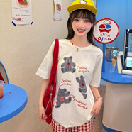 森女部落甜美寬松圓領小熊印花原創(chuàng)五分袖上衣T恤女百搭夏季新品 長款T恤(7A抗菌/冰感面料)（單件） L