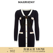 MAXRIENY財(cái)閥千金針織裙蝴蝶結(jié)小香風(fēng)新年紅連衣裙氣質(zhì)顯瘦短裙 黑色 S 01