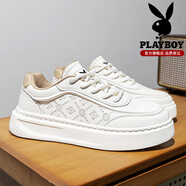 花花公子（PLAYBOY）板鞋男2025新款運動(dòng)鞋休閑男鞋子男透氣小白鞋男軟底真皮休閑皮鞋 米杏 43