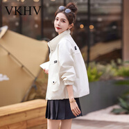 VKHV品牌時(shí)尚小個(gè)子短款外套女春季新款寬松洋氣休閑百搭立領(lǐng)夾克上衣 米色 M