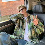 QGF美式復古格子襯衫男士女秋季新款高級感痞帥長(cháng)袖上衣寬松情侶外套 扎染綠 字母刺繡 M [建議90-100斤]