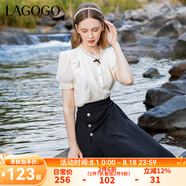 lagogo荷葉邊泡泡袖亮絲襯衫女拉谷谷夏季新款蝴蝶結(jié)甜美短袖上衣 米白色(V2) S