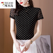 啄木鳥(niǎo)網(wǎng)紗t恤女短袖上衣夏季波點(diǎn)印花半袖體恤薄款半袖洋氣貴夫人小衫 杏色波點(diǎn) M