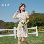 Semir森馬連衣裙女方領(lǐng)法式連衣裙夏季肌理碎花裙氣質(zhì)款 紅色調(diào)00366 S