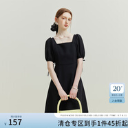 范思藍恩夏季氣質拼接方領連衣裙夏季新款純色高腰顯瘦女裙泡泡袖裙子短款 黑色 XS
