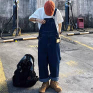 窈欣男士牛仔背帶褲2024秋冬新款韓版日系工裝吊帶褲寬松潮流合體褲子 藍色 S