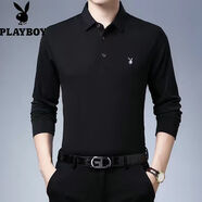 花花公子純棉刺繡長(cháng)袖T恤男士翻領(lǐng)春秋新款打底POLO衫純色中年百搭上衣男t 9888黑色 薄款 L 175/92A 建議140-155斤
