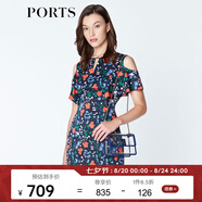 PORTS寶姿商場同款新品女裝優(yōu)雅紅花藍屋露肩連衣裙LN8D131HPT037 丈青印花 S (4)