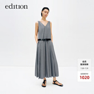 edition連衣裙女夏新款無袖V領(lǐng)羊毛背心裙西裝百褶長(zhǎng)裙配腰帶 淺花灰色 XS/155