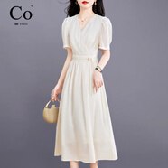 Co.性感天絲連衣裙2025新款女士夏季氣質(zhì)名媛收腰v領(lǐng)新中式輕奢裙子 米色 均碼 【奢品女裝】