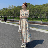 木清清2025年夏季新款收腰顯瘦時(shí)尚小碎花茶歇法式小清新長(zhǎng)款露肩連衣裙 圖片色 S 80-95