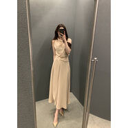 蒂默奇韓系chic夏季法式優(yōu)雅堆堆領(lǐng)綁帶收腰顯瘦無袖背心連衣裙中 杏色 S