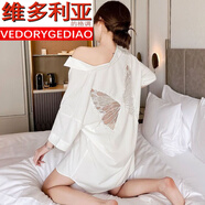 維多利亞的格調夏天襯衫冰絲純欲睡裙薄款夏季短袖睡袍后背蕾絲鏤空睡衣女家居服 高級感純欲襯衫裙144白色 2XL [建議180-200斤]
