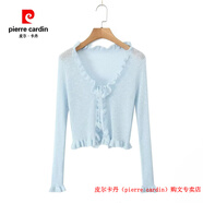 皮爾卡丹（pierre cardin）純欲網(wǎng)紅休閑修身短款針織開衫T街頭辣妹微透花邊長袖綁帶防曬衫 藍(lán)色 均碼