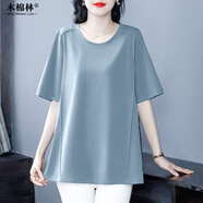 木棉林（mumianlin）大碼女裝棉圓領(lǐng)t恤上衣寬松遮肚 夏季新款胖媽媽洋氣短袖打底衫 淺藍色 5XL (200-220斤)