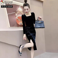 啄木鳥(niǎo)黑色金絲絨開(kāi)叉連衣裙女2025秋冬新款改良旗袍新中式復古包臀裙子 黑色 M