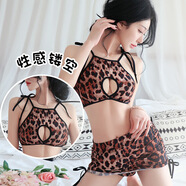 魅至誘情趣內衣性感誘惑免脫露背包臀裙制服誘惑夜店裝緊身衣角色扮演 1902豹紋鏤空裝【上衣+短裙+T褲】