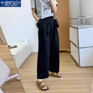 莫代爾高腰直筒工裝闊腿褲2025夏季新款設(shè)計(jì)感時(shí)尚簡約寬松顯瘦透氣長褲 黑色 M