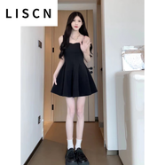 LISCN2025松本喪喪純色簡(jiǎn)約風(fēng)背帶裙方領(lǐng)吊帶裙連衣裙休閑百搭透氣 黑色短 S