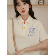 以純（YISHion）學(xué)院風(fēng)少女日系森女穿搭POLO衫大童初高中學(xué)生短袖T恤女夏季新款 杏色-小鳥(niǎo)與女孩 S -(建議70-85斤)