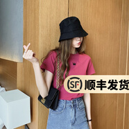 幻黛短袖t恤女夏季女裝棉白色打底衫品牌純色女士短袖新款印花白t恤女 玫紅色-皇冠刺繡款 S 【建議80-90斤】
