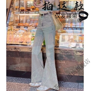 茶小阿設(shè)計(jì)感魚尾大喇叭牛仔褲女復(fù)古黃小個(gè)子ins新款加長(zhǎng)微喇拖地褲子 圓頭腰帶一條5447# XL 【建議體重114-126斤】