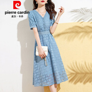 皮爾卡丹（pierre cardin）主慕2025夏季新款時(shí)尚韓系顯瘦百搭氣質(zhì)V領(lǐng)拼接蕾絲花邊連衣裙潮 藍(lán)色今年流行的輕奢品牌 2XL
