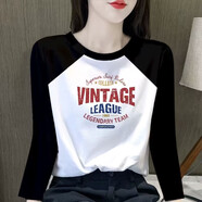 以純（YISHion）美式插肩撞色拼接遮肉長(cháng)袖t恤女春秋新款設計感小眾純棉打底上衣 黑白拼長(cháng)袖-紅VI M 80-100斤