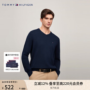 TOMMY HILFIGER【純色V領(lǐng)】秋冬季男裝純棉商務(wù)休閑簡約內(nèi)搭打底衫針織衫毛衣 【小V領(lǐng)繡標(biāo)毛衣】-深藍(lán)色475 2XL （推薦：180-200斤）